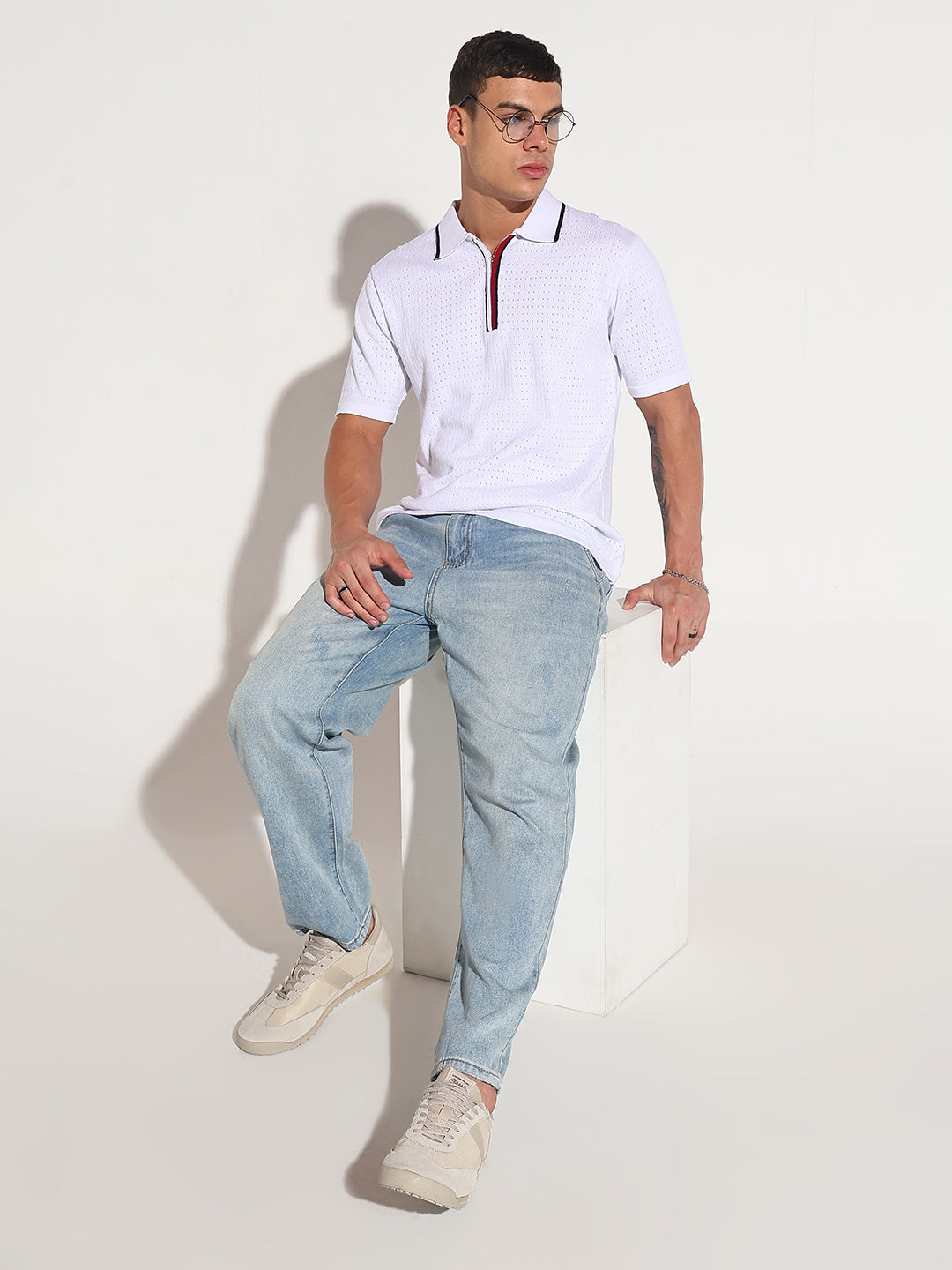 Men’s Textured White Short Sleeve Polo T-Shirt with Contrast Zip Details