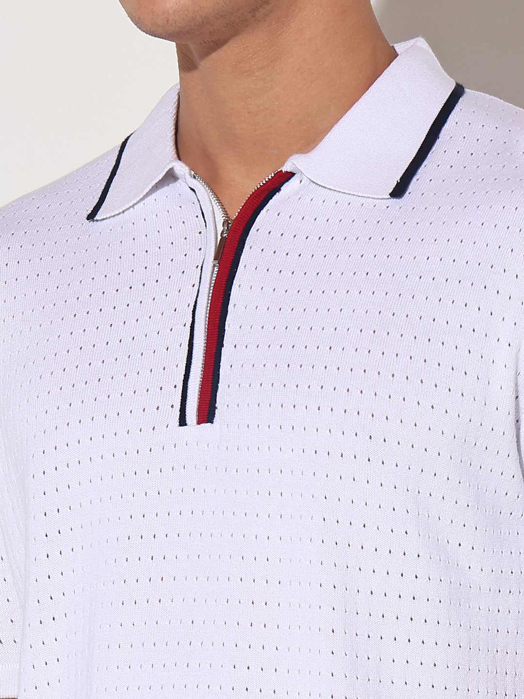 Men’s Textured White Short Sleeve Polo T-Shirt with Contrast Zip Details
