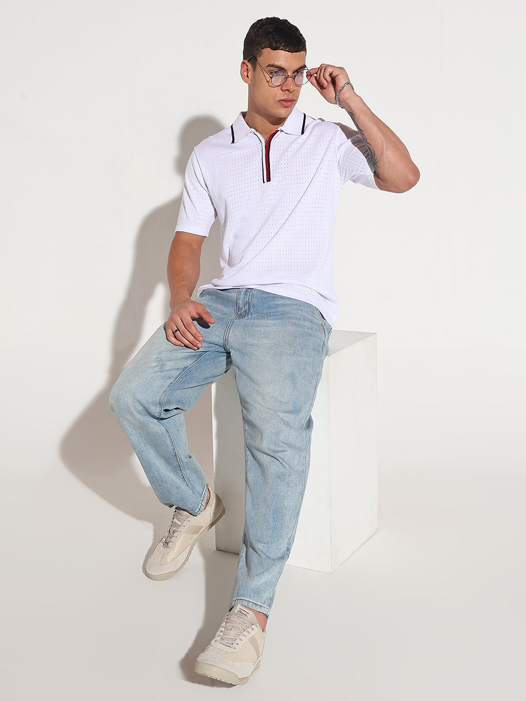 Men’s Textured White Short Sleeve Polo T-Shirt with Contrast Zip Details