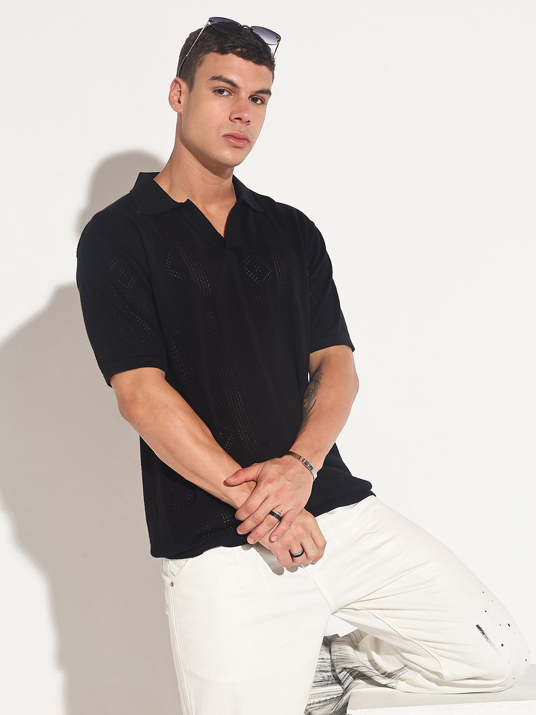 Men’s Textured Black Knit Polo T-Shirt with Open Collar