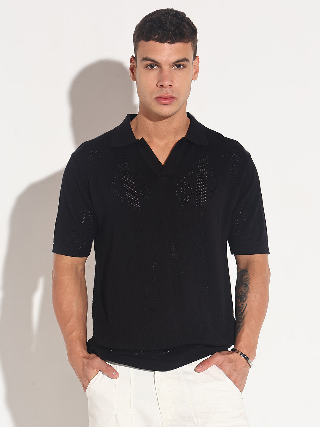 Men’s Textured Black Knit Polo T-Shirt with Open Collar