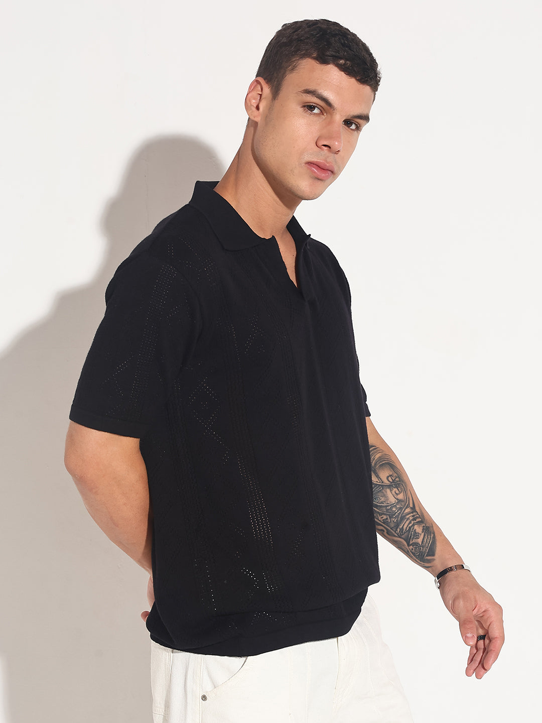 Men’s Textured Black Knit Polo T-Shirt with Open Collar