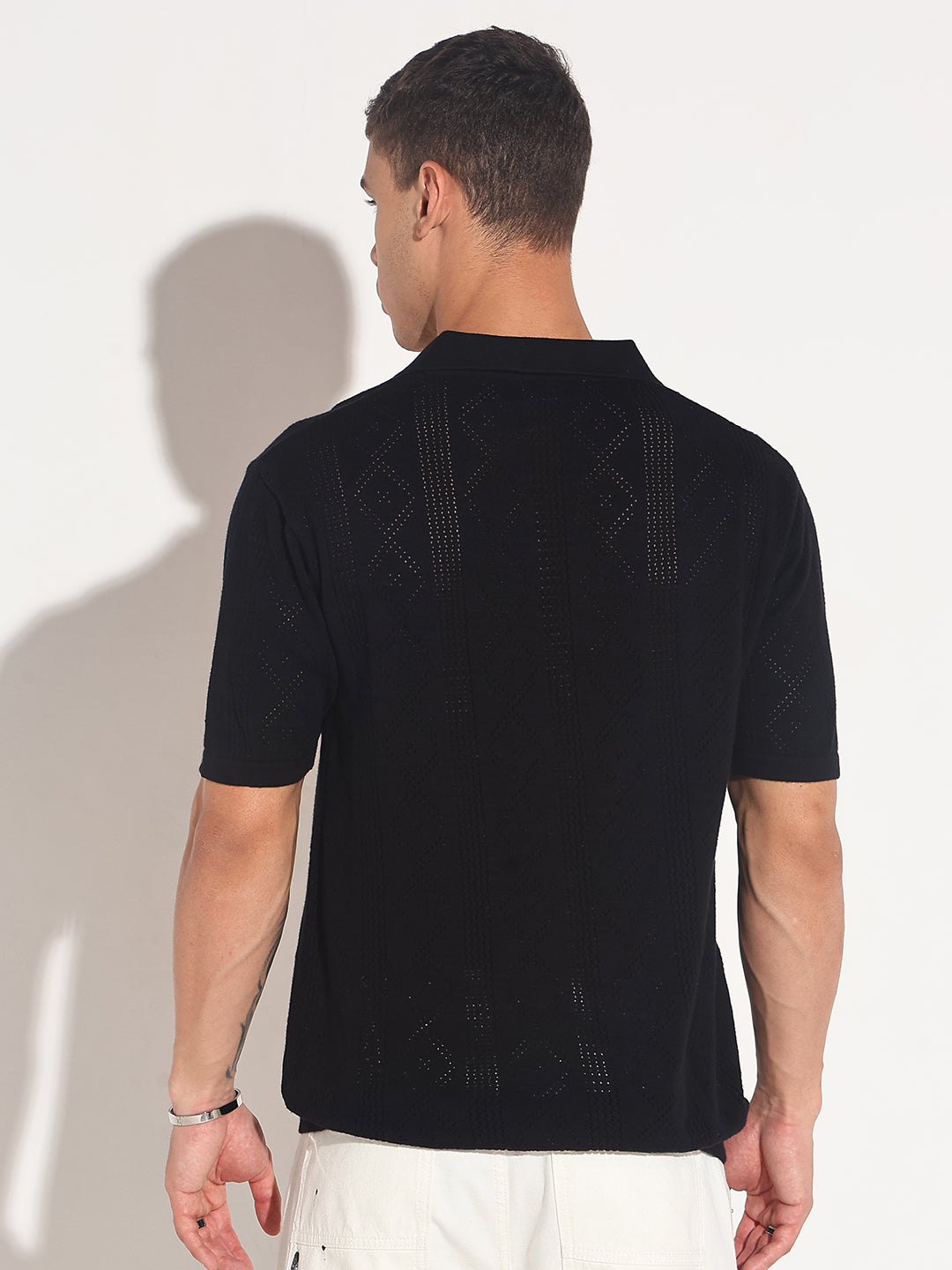 Men’s Textured Black Knit Polo T-Shirt with Open Collar