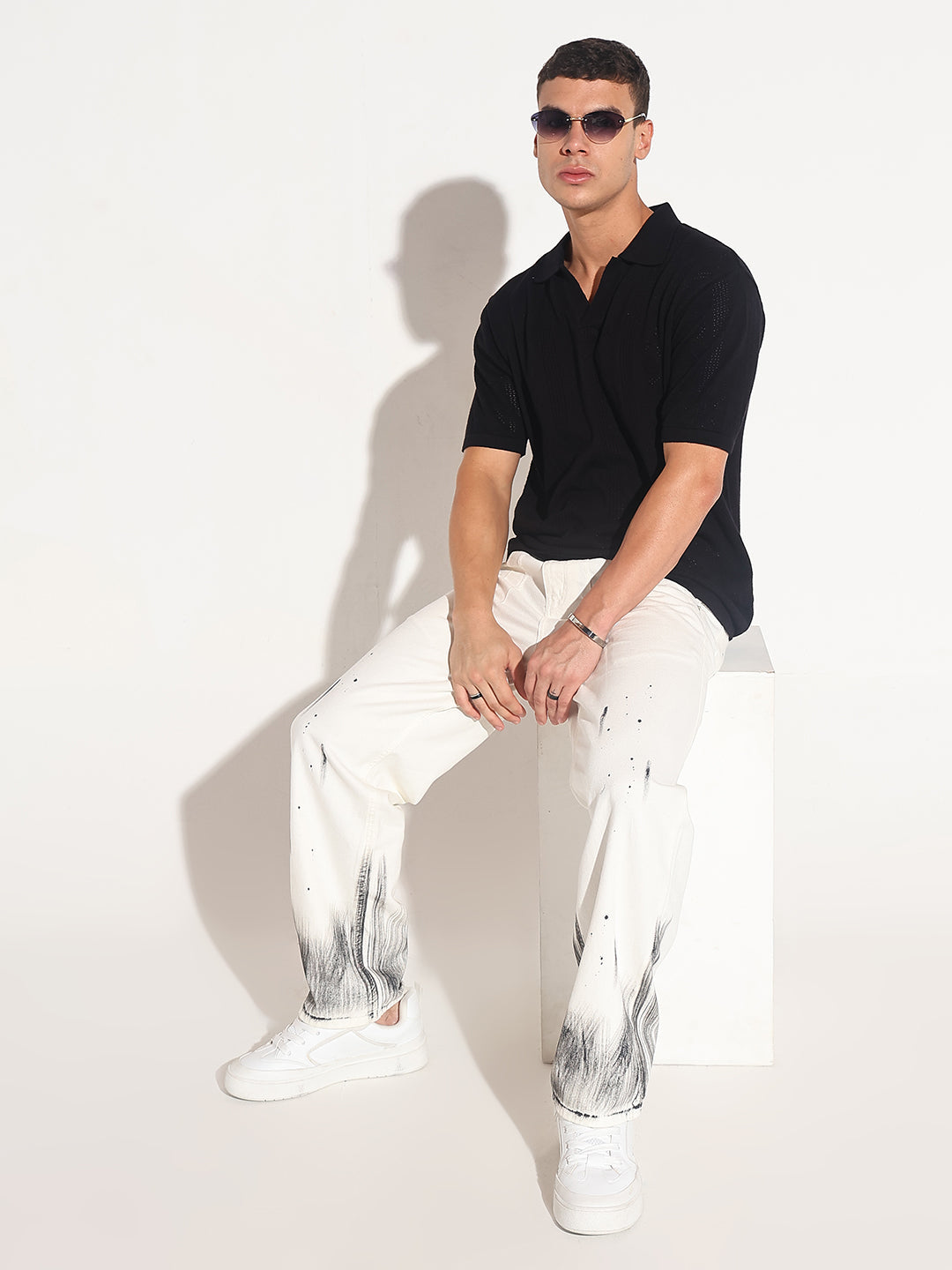 Men’s Textured Black Knit Polo T-Shirt with Open Collar