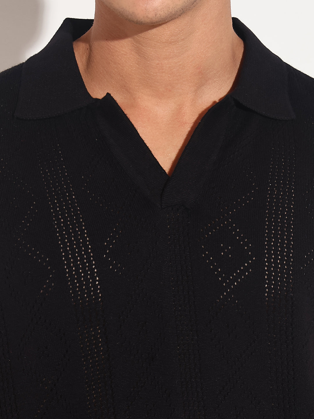 Men’s Textured Black Knit Polo T-Shirt with Open Collar