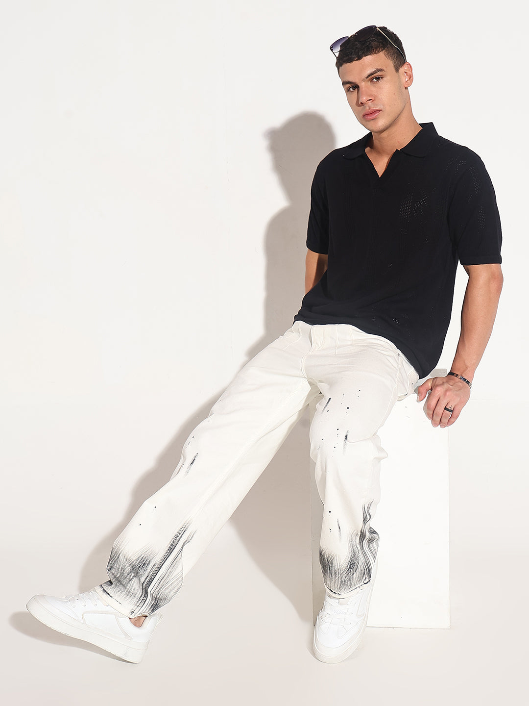 Men’s Textured Black Knit Polo T-Shirt with Open Collar