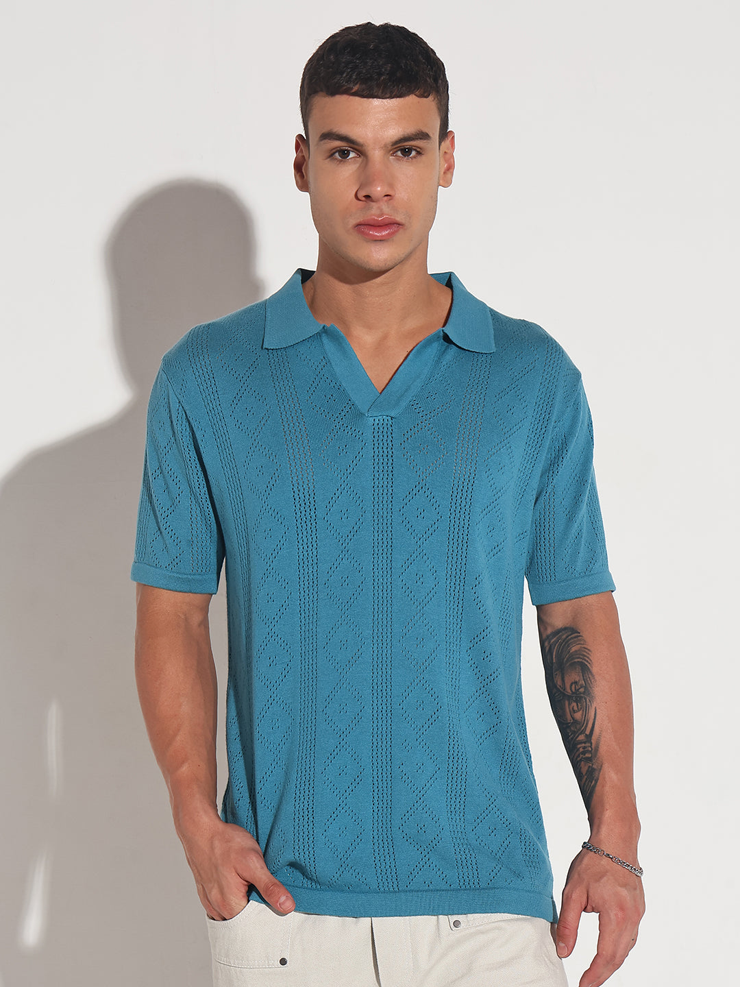 Men’s Textured Turquoise Blue Knit Polo T-Shirt with Open Collar