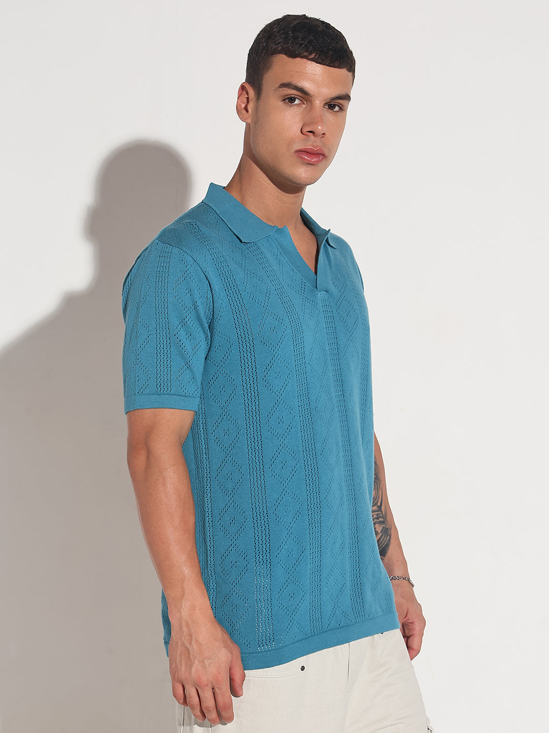 Men’s Textured Turquoise Blue Knit Polo T-Shirt with Open Collar