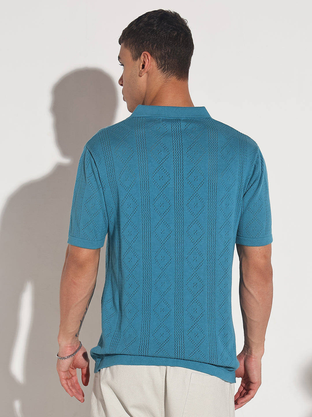 Men’s Textured Turquoise Blue Knit Polo T-Shirt with Open Collar
