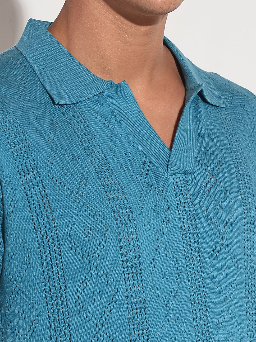Men’s Textured Turquoise Blue Knit Polo T-Shirt with Open Collar