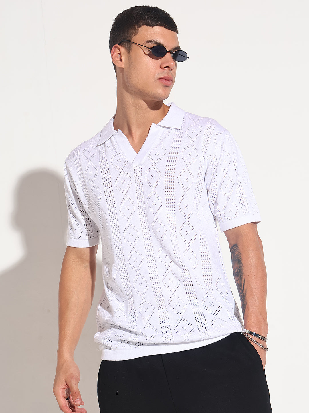 Men’s Textured White Knit Polo T-Shirt with Open Collar