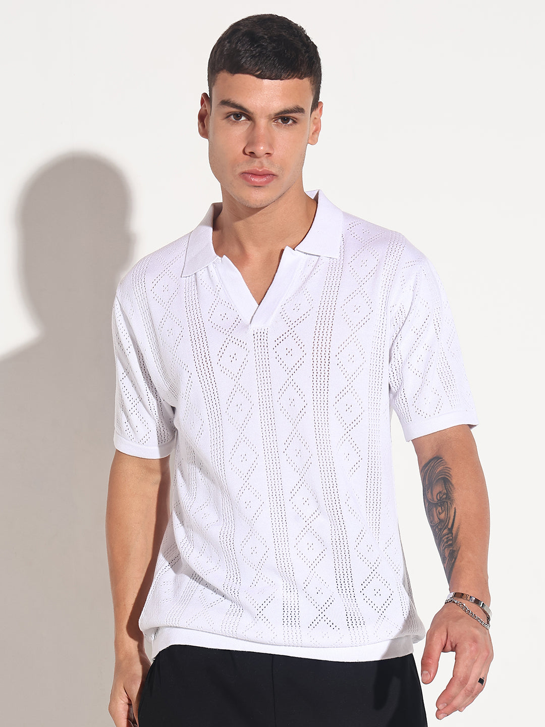 Men’s Textured White Knit Polo T-Shirt with Open Collar