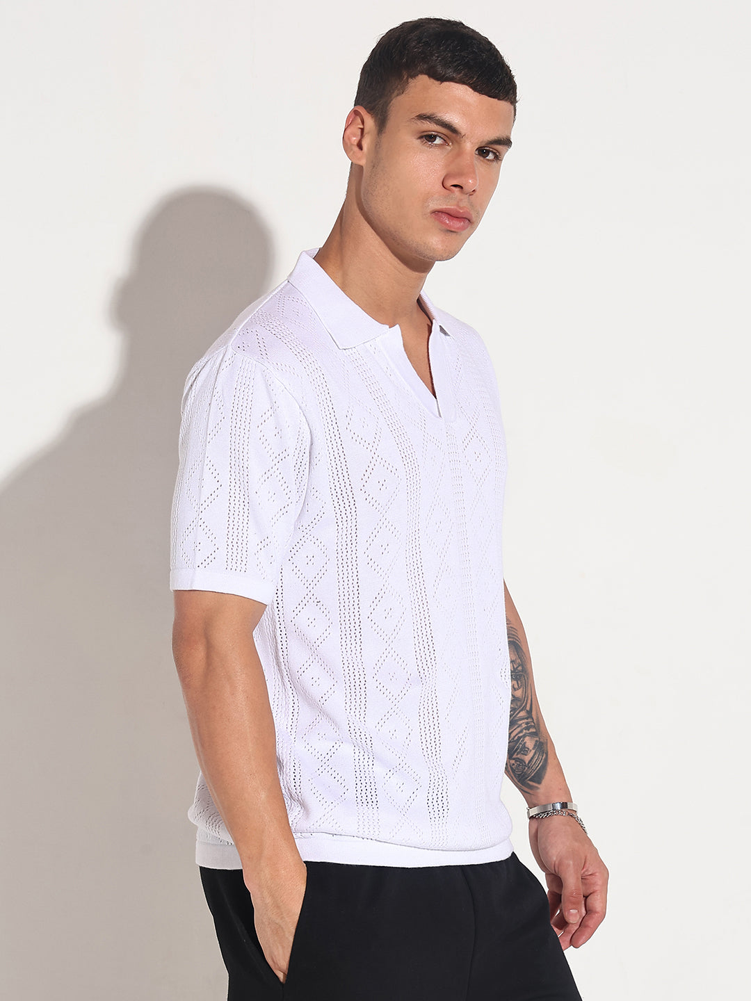 Men’s Textured White Knit Polo T-Shirt with Open Collar
