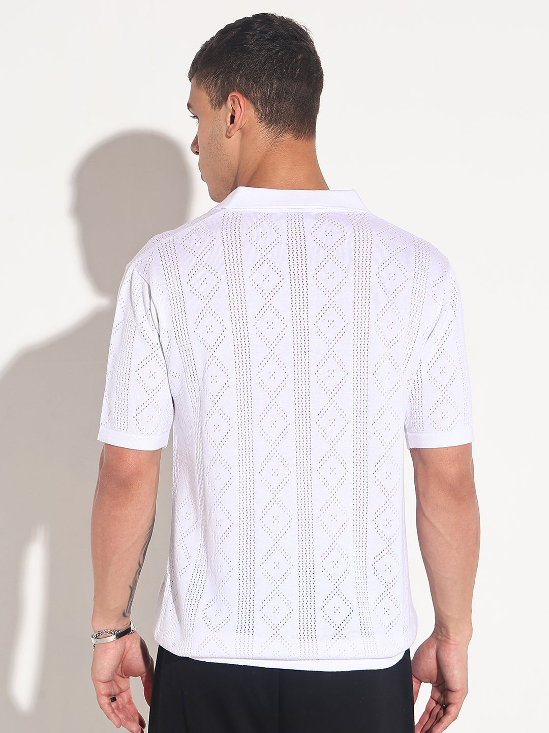 Men’s Textured White Knit Polo T-Shirt with Open Collar