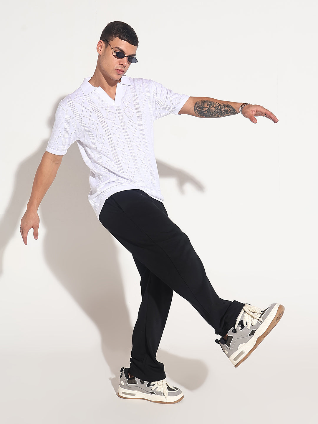 Men’s Textured White Knit Polo T-Shirt with Open Collar