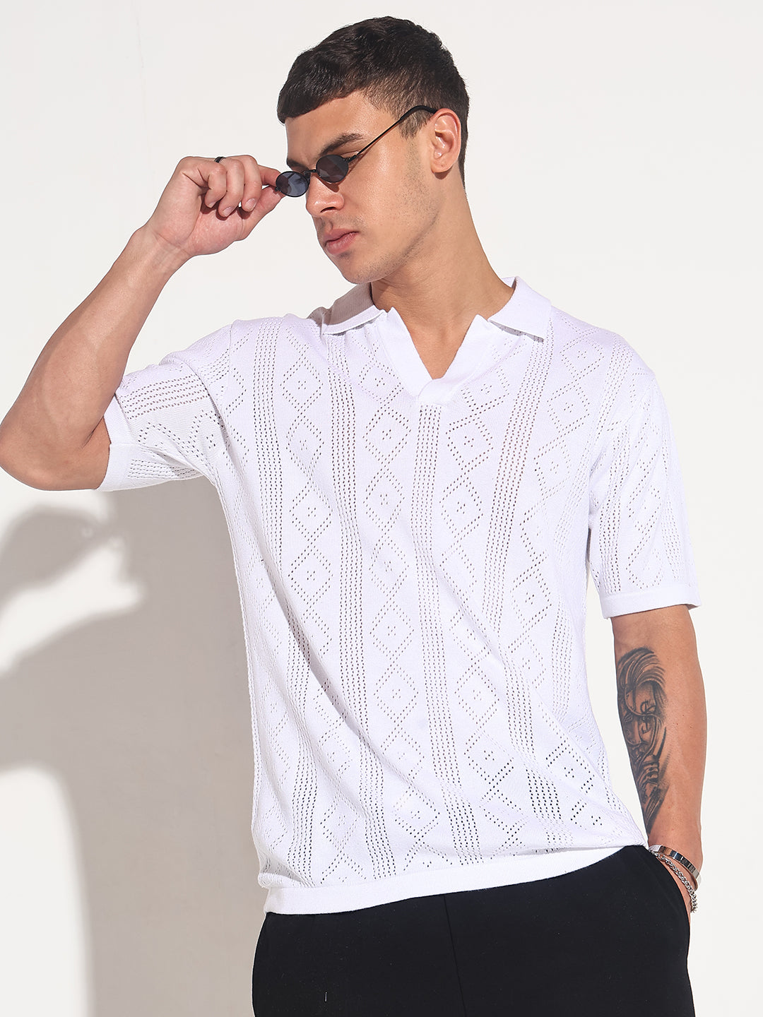 Men’s Textured White Knit Polo T-Shirt with Open Collar