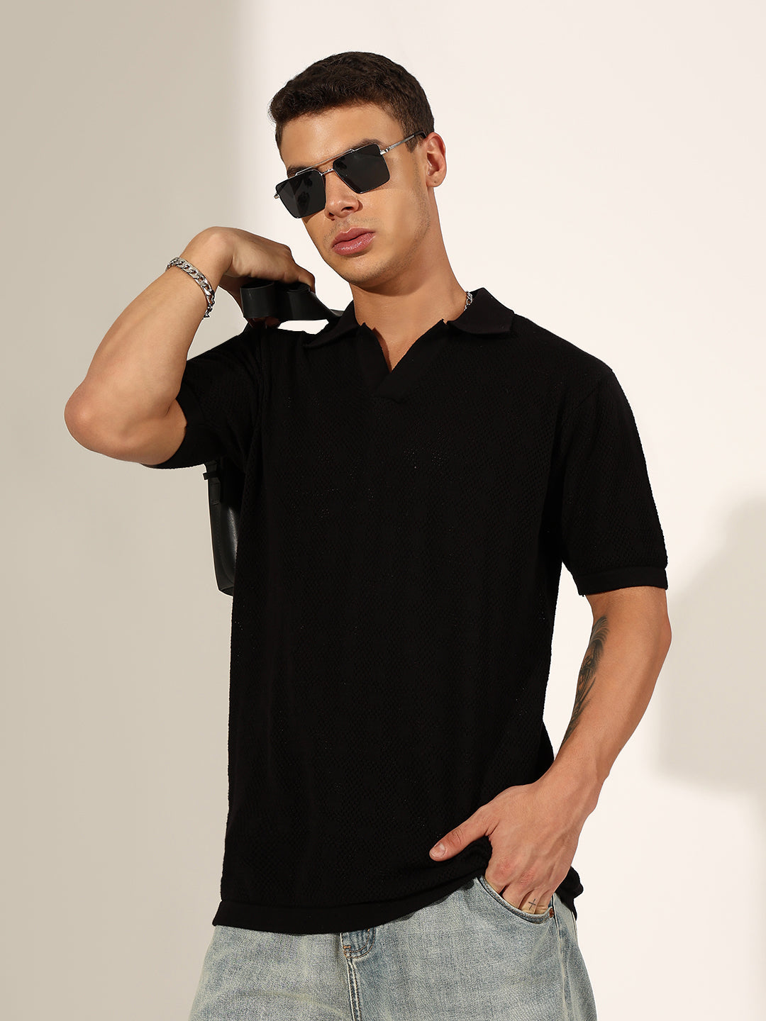 Men's Textured Black Knit Polo T-Shirt with Open Collar