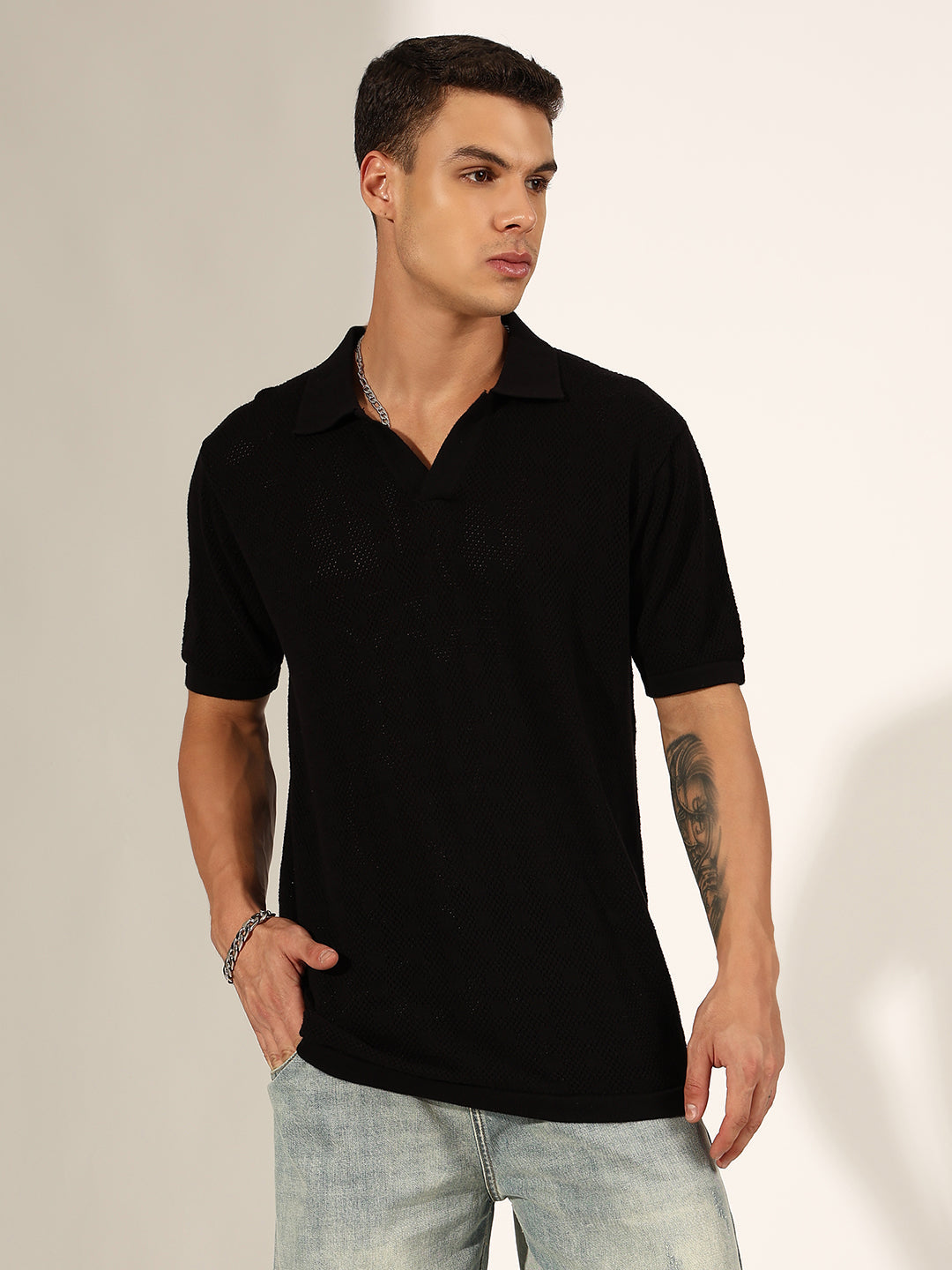 Men's Textured Black Knit Polo T-Shirt with Open Collar