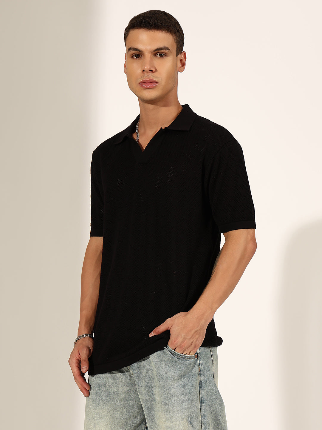 Men's Textured Black Knit Polo T-Shirt with Open Collar