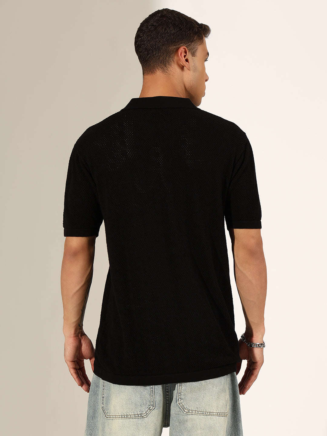 Men's Textured Black Knit Polo T-Shirt with Open Collar