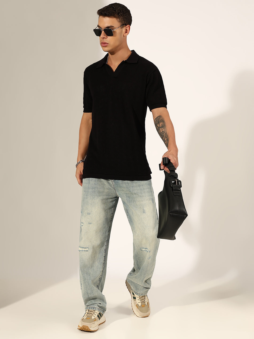 Men's Textured Black Knit Polo T-Shirt with Open Collar