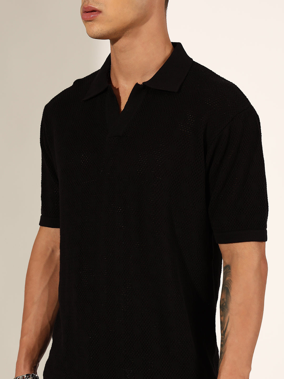 Men's Textured Black Knit Polo T-Shirt with Open Collar