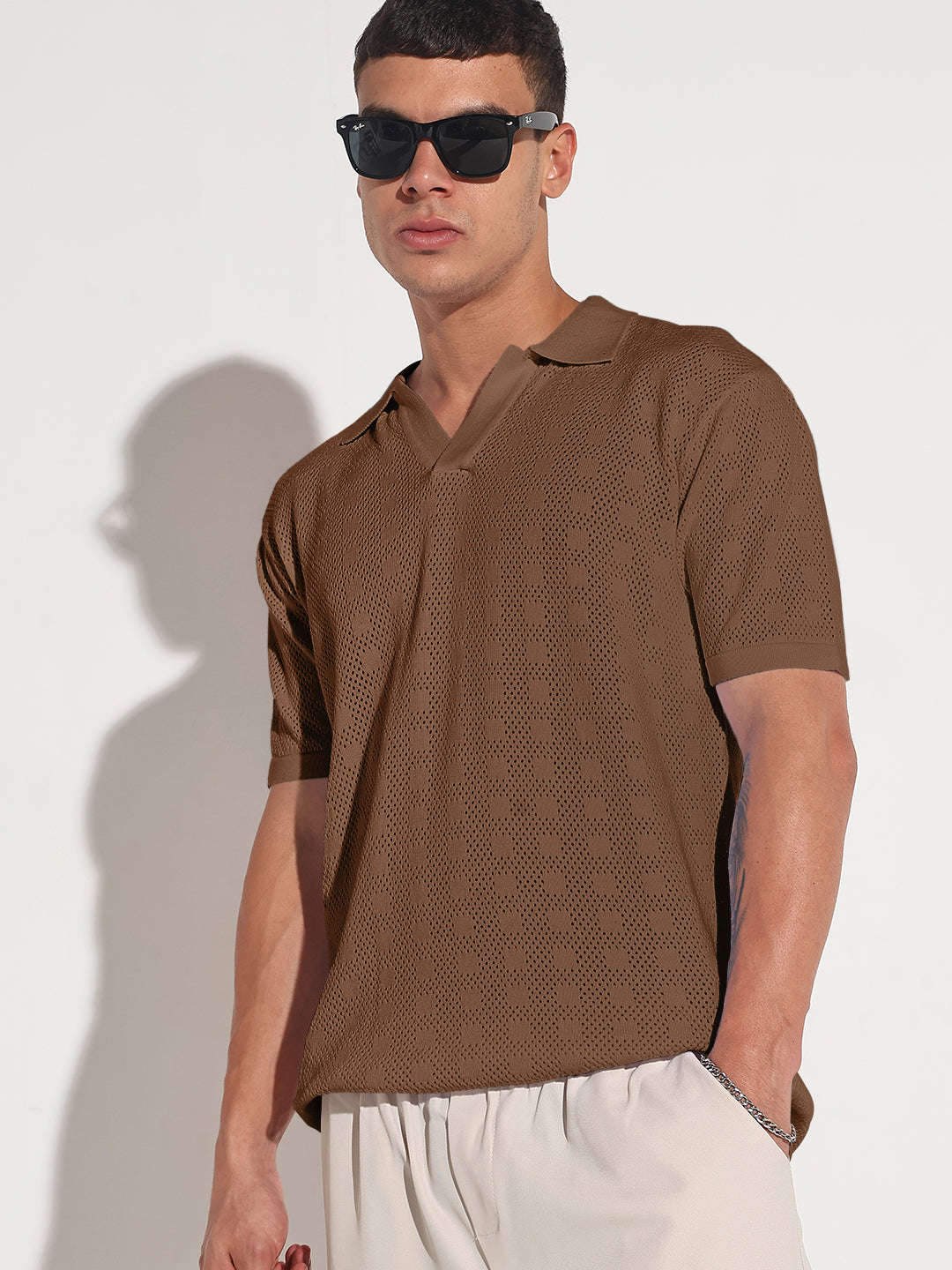 Men’s Textured Brown Knit Polo T-Shirt with Open Collar