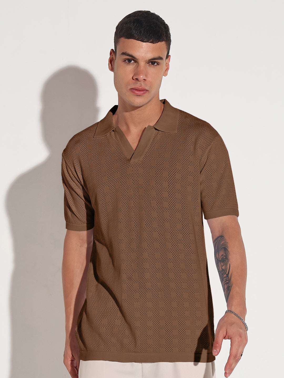 Men’s Textured Brown Knit Polo T-Shirt with Open Collar