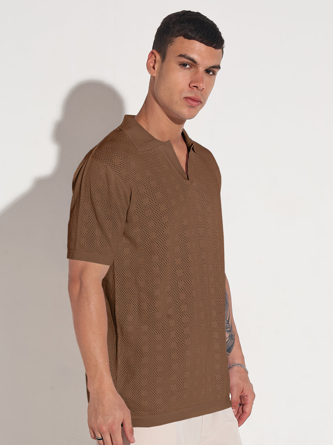 Men’s Textured Brown Knit Polo T-Shirt with Open Collar