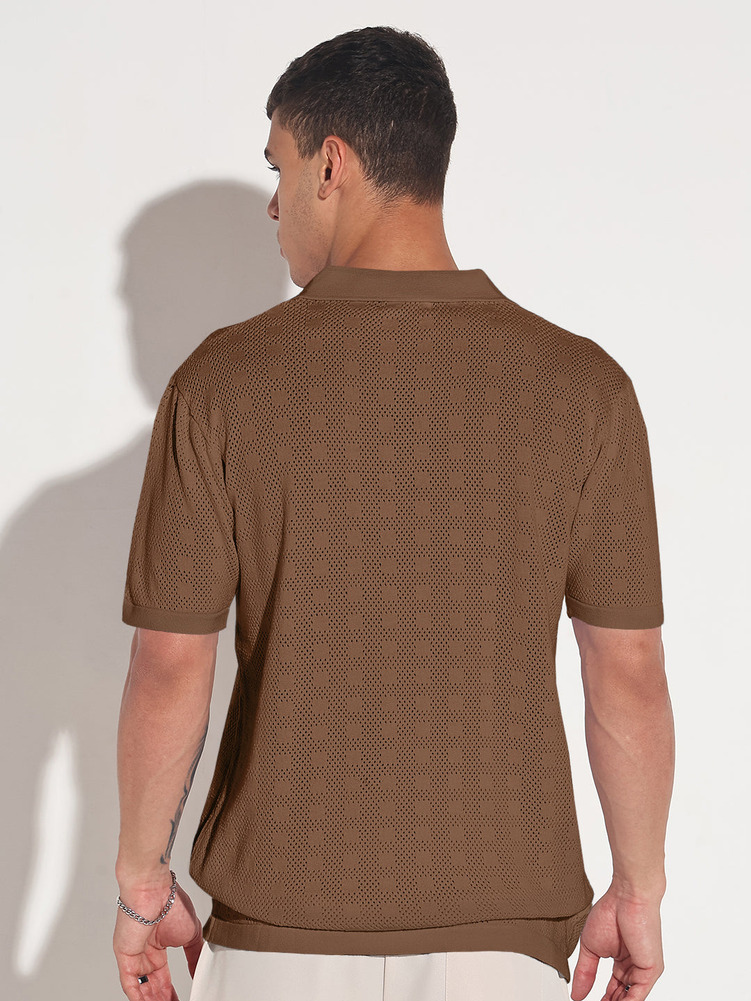 Men’s Textured Brown Knit Polo T-Shirt with Open Collar