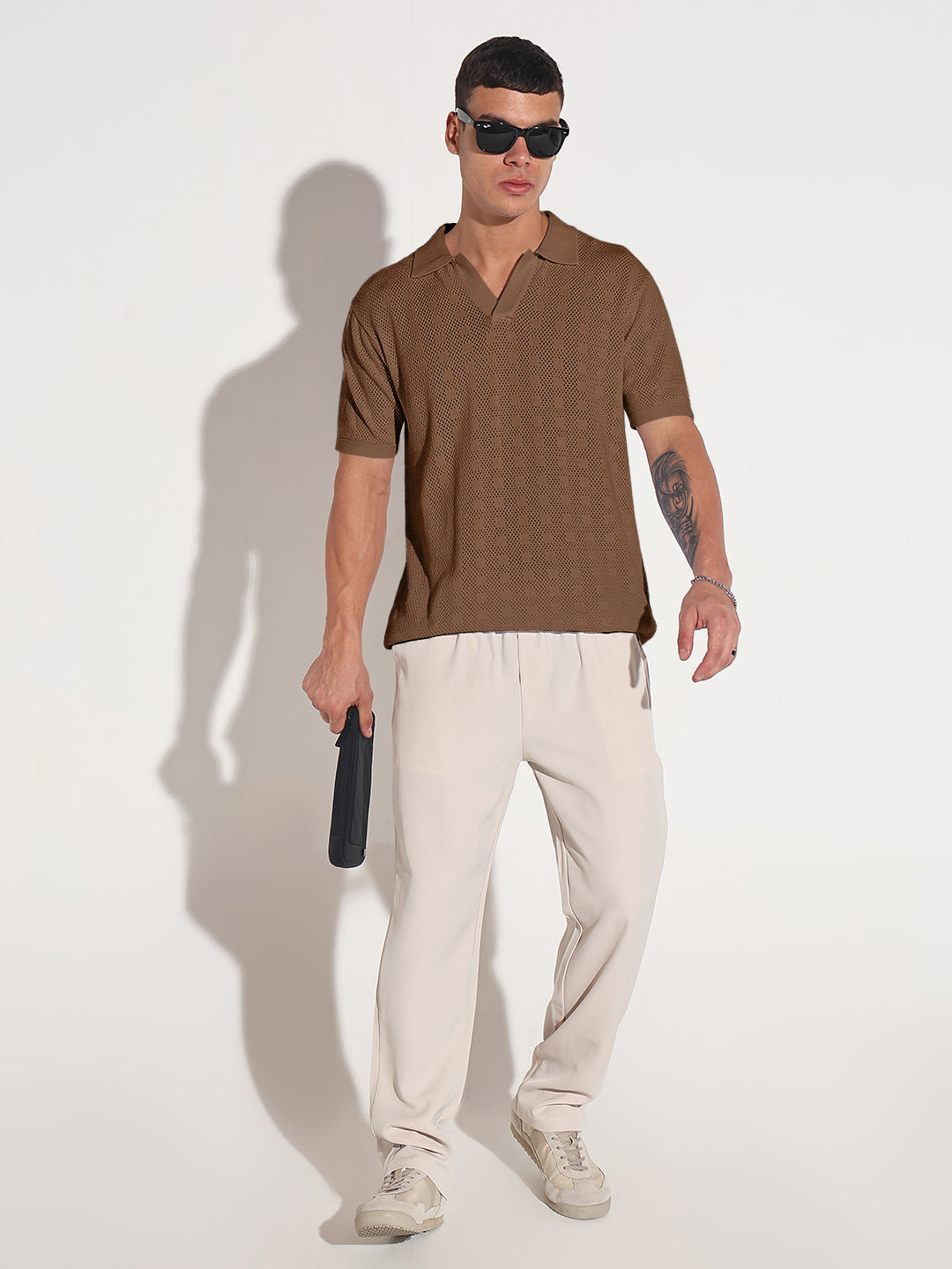 Men’s Textured Brown Knit Polo T-Shirt with Open Collar