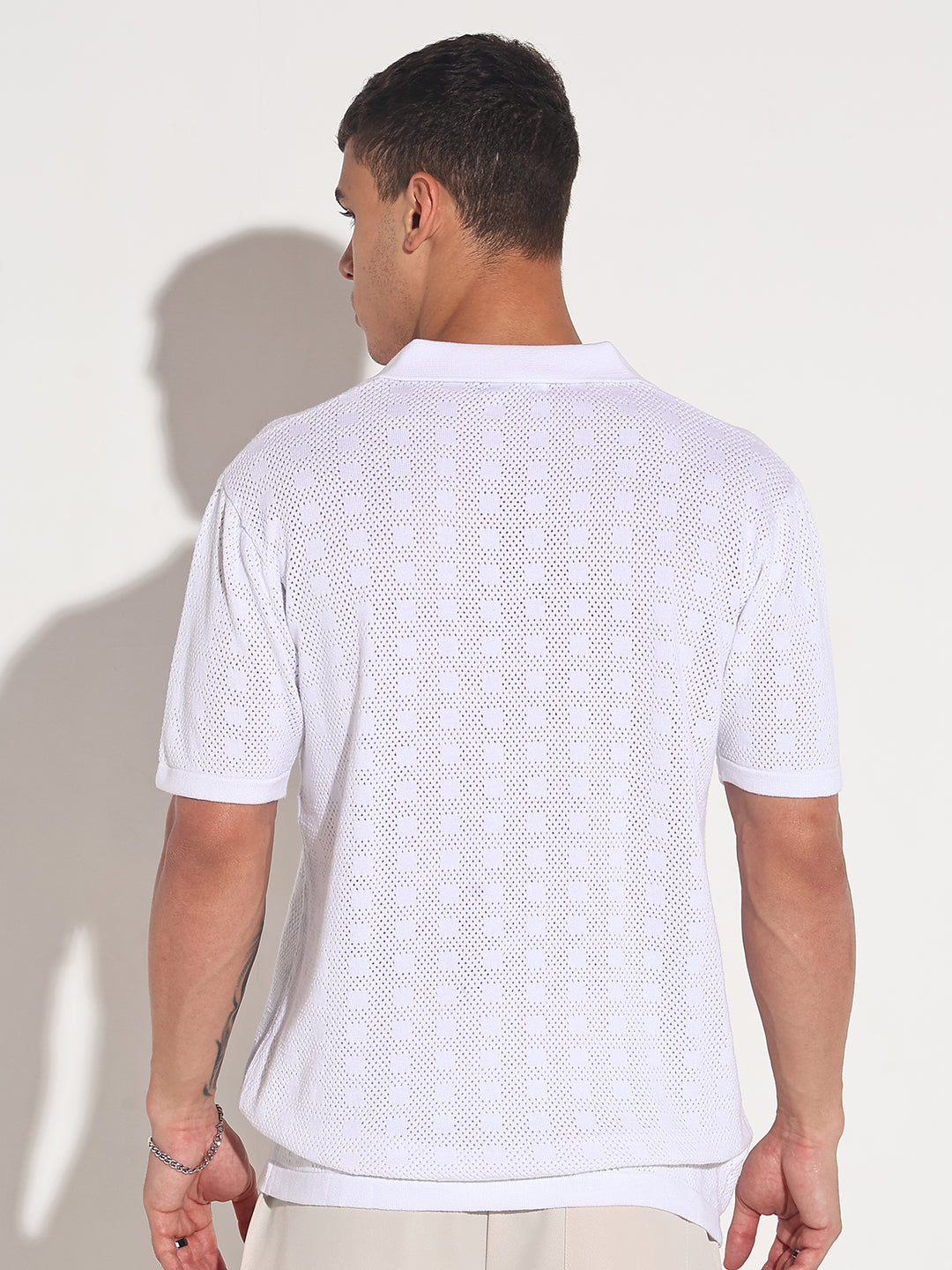 Men’s Textured White Knit Polo T-Shirt with Open Collar