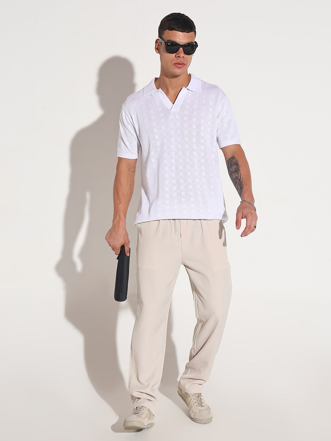 Men’s Textured White Knit Polo T-Shirt with Open Collar