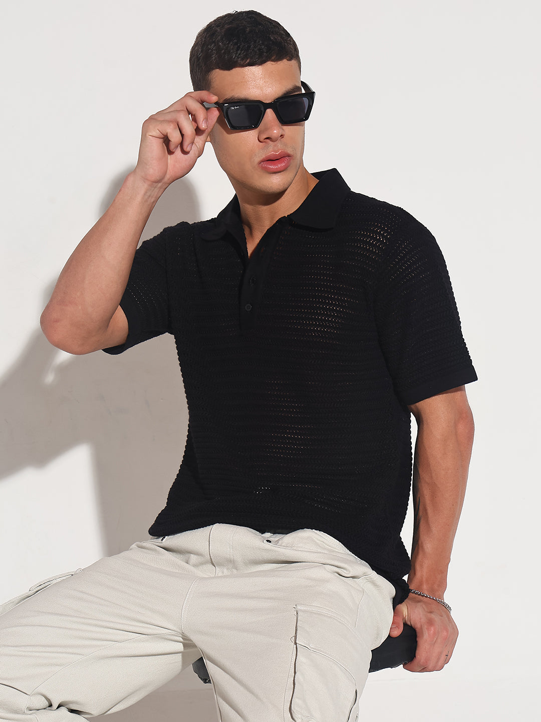 Men’s Textured Black Short Sleeve Semi Sheer Polo T-Shirt