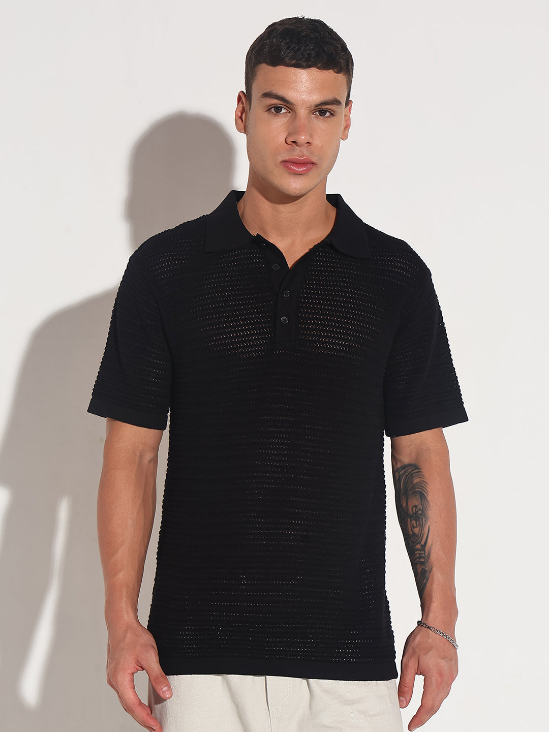 Men’s Textured Black Short Sleeve Semi Sheer Polo T-Shirt