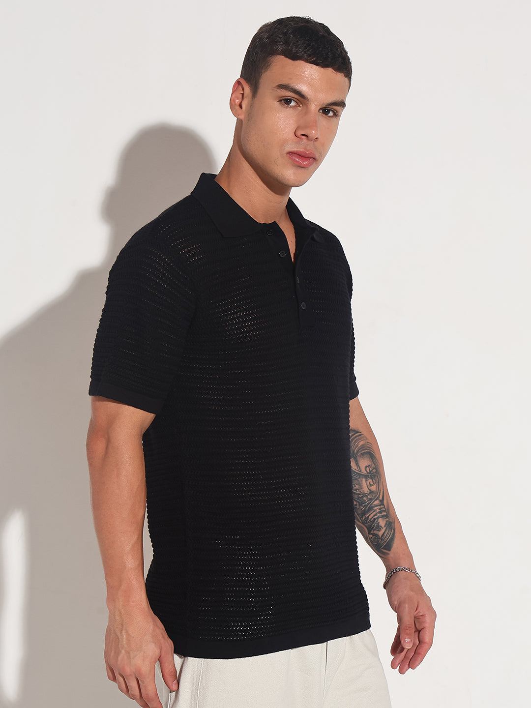 Men’s Textured Black Short Sleeve Semi Sheer Polo T-Shirt