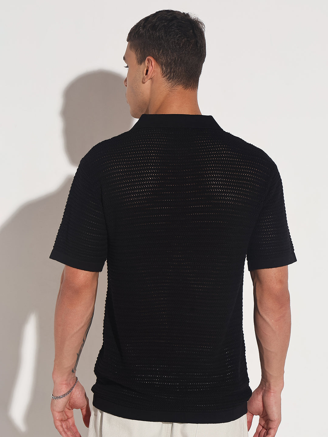 Men’s Textured Black Short Sleeve Semi Sheer Polo T-Shirt