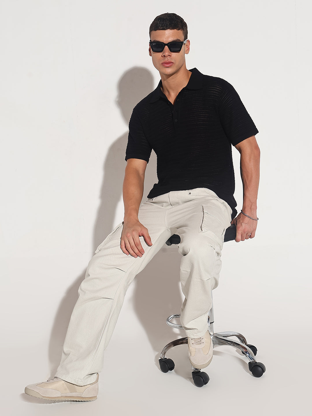 Men’s Textured Black Short Sleeve Semi Sheer Polo T-Shirt