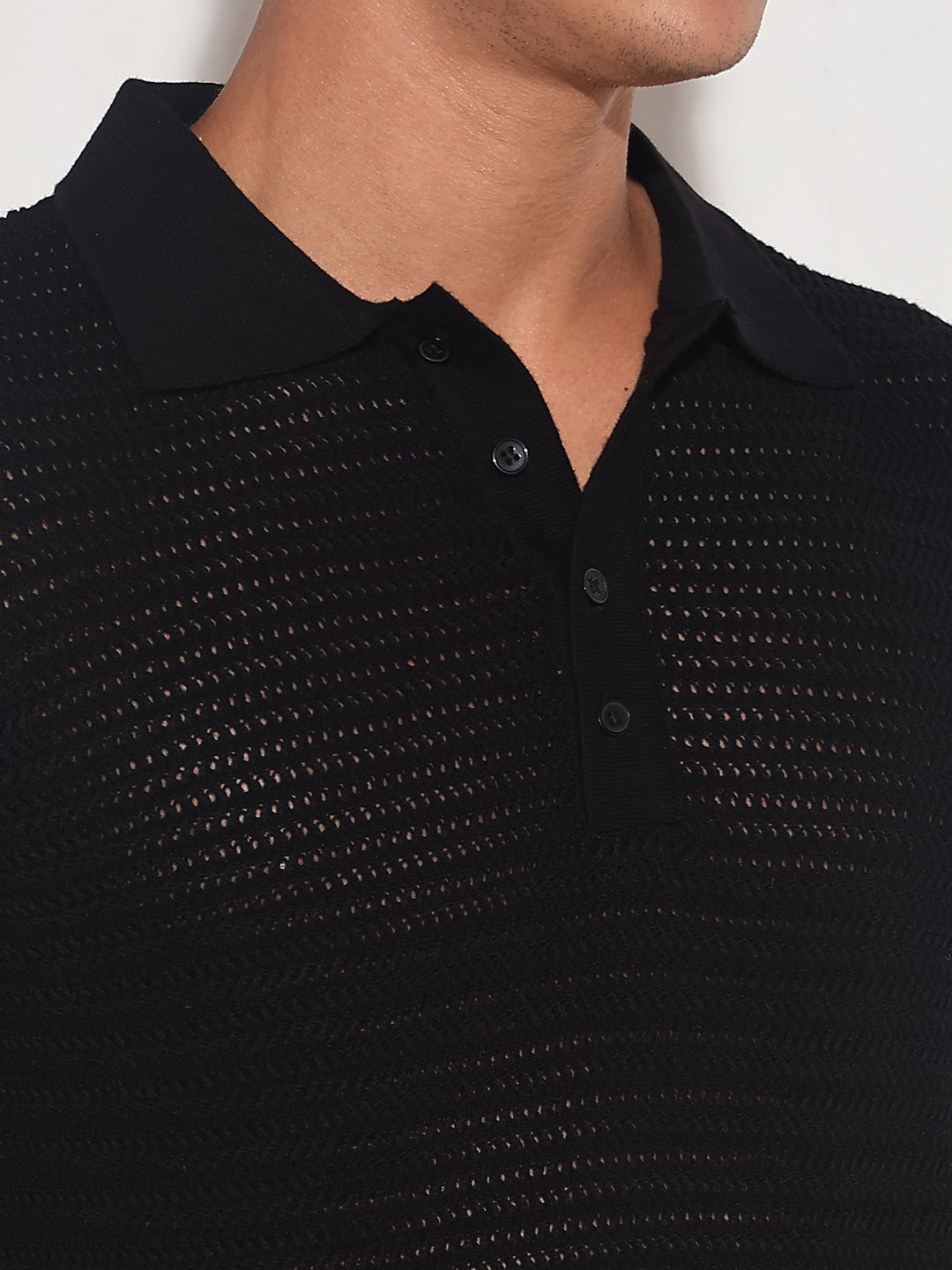 Men’s Textured Black Short Sleeve Semi Sheer Polo T-Shirt
