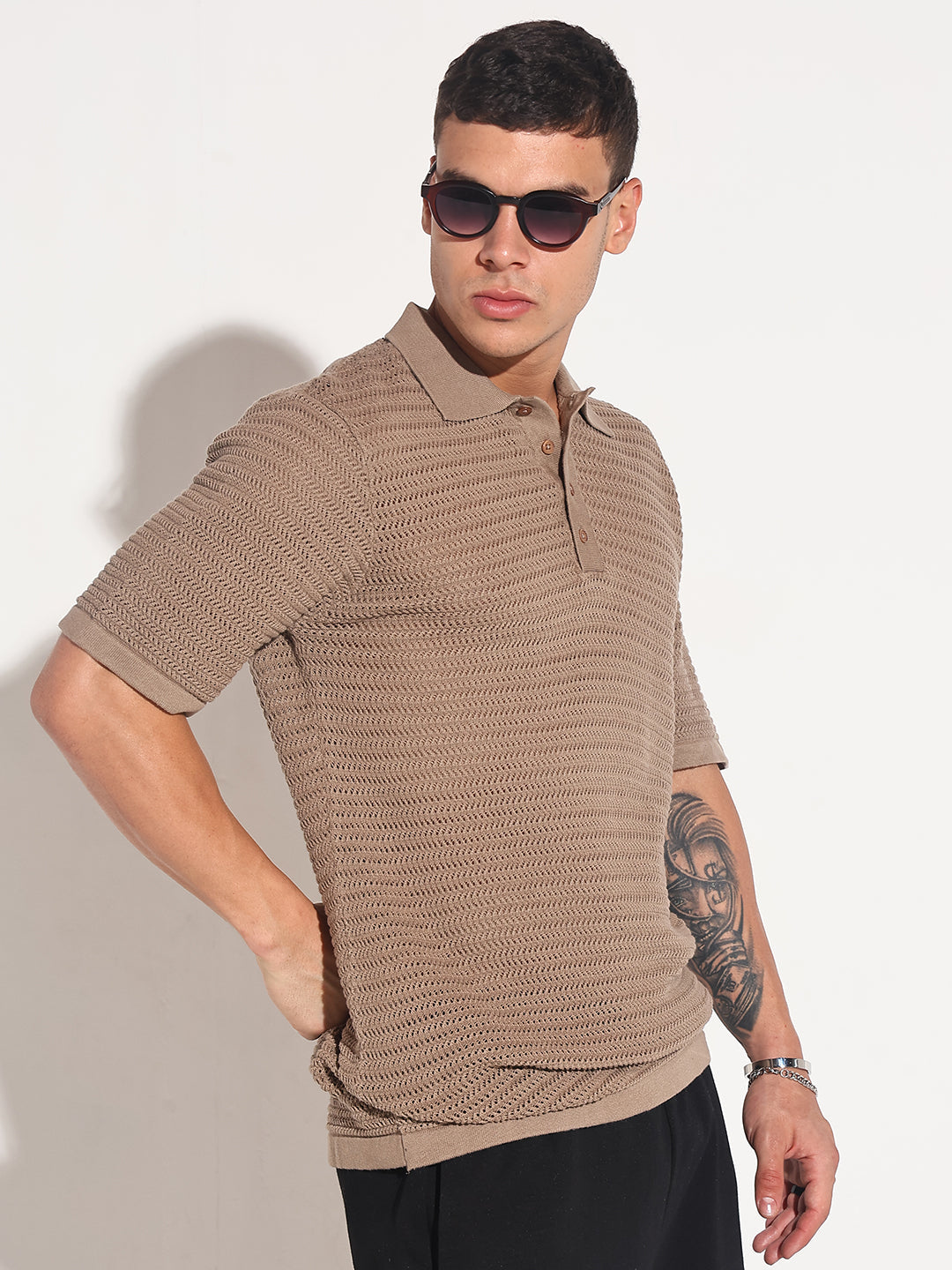 Men’s Textured Brown Short Sleeve Semi Sheer Polo T-Shirt