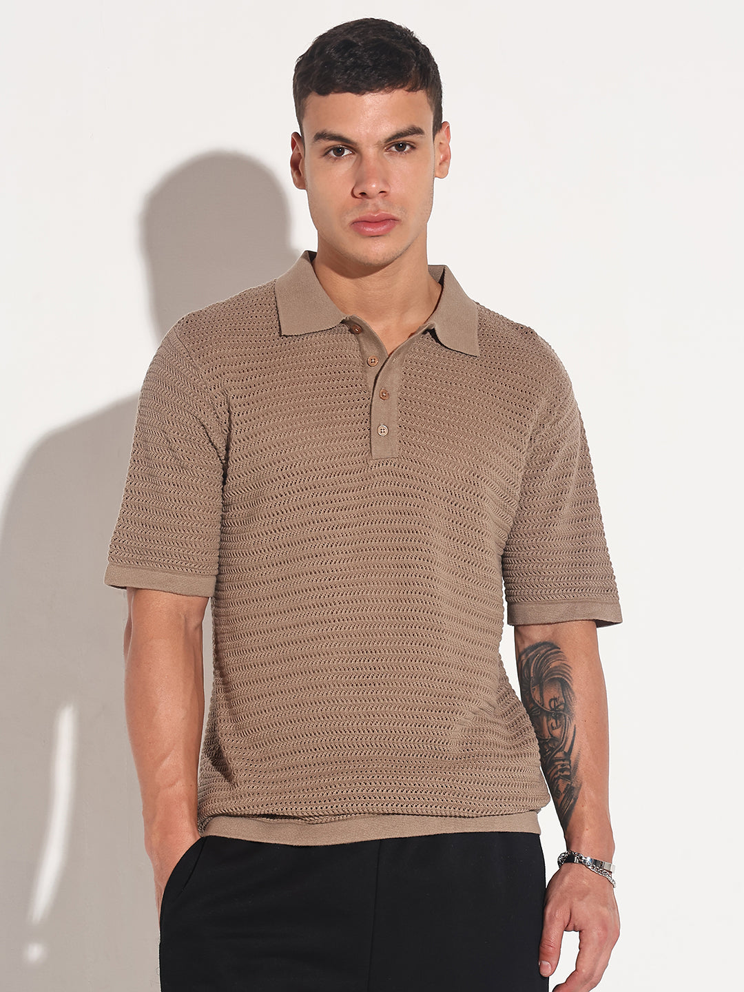 Men’s Textured Brown Short Sleeve Semi Sheer Polo T-Shirt