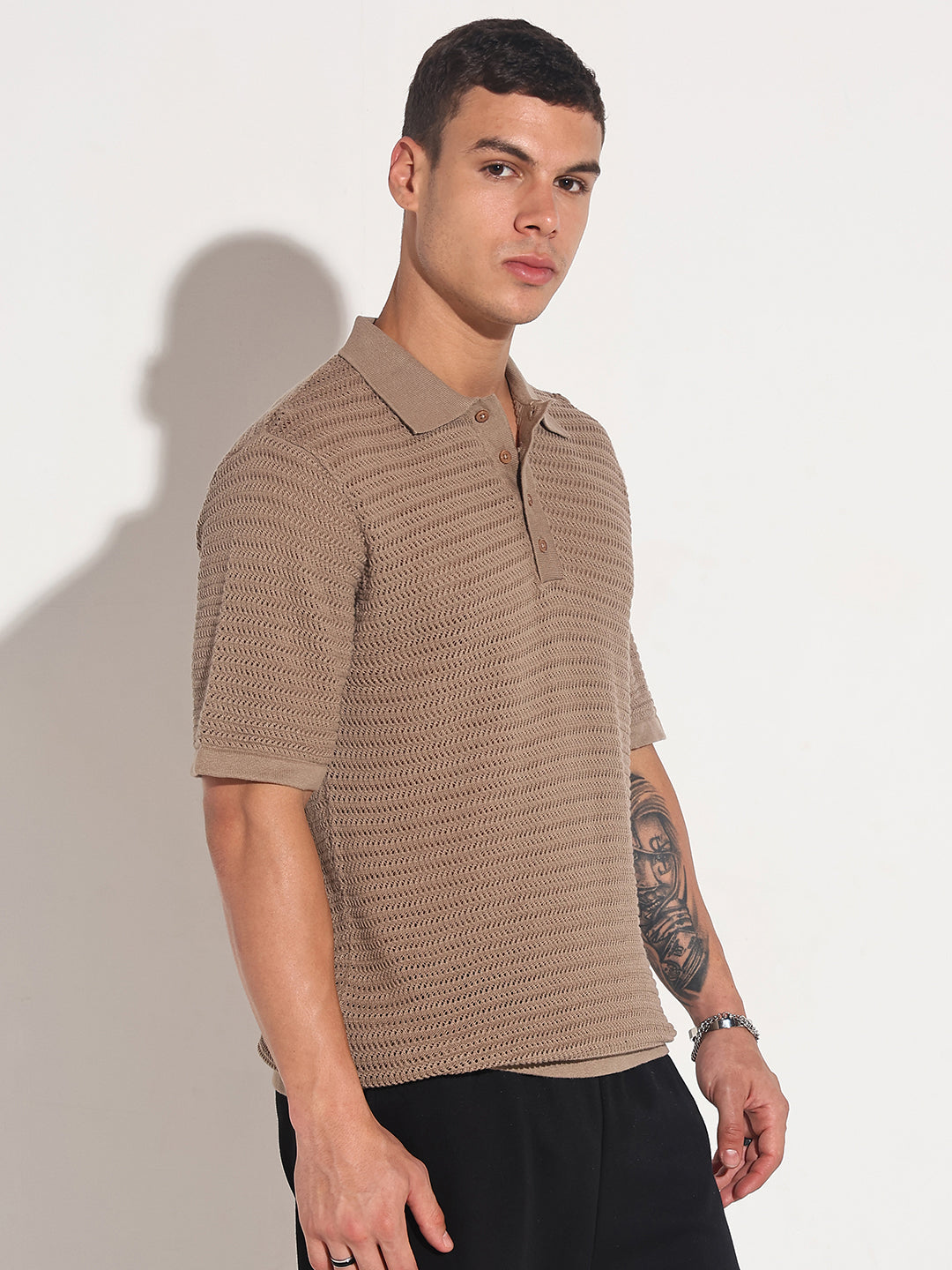 Men’s Textured Brown Short Sleeve Semi Sheer Polo T-Shirt