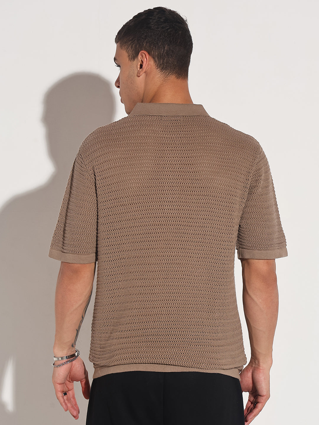 Men’s Textured Brown Short Sleeve Semi Sheer Polo T-Shirt