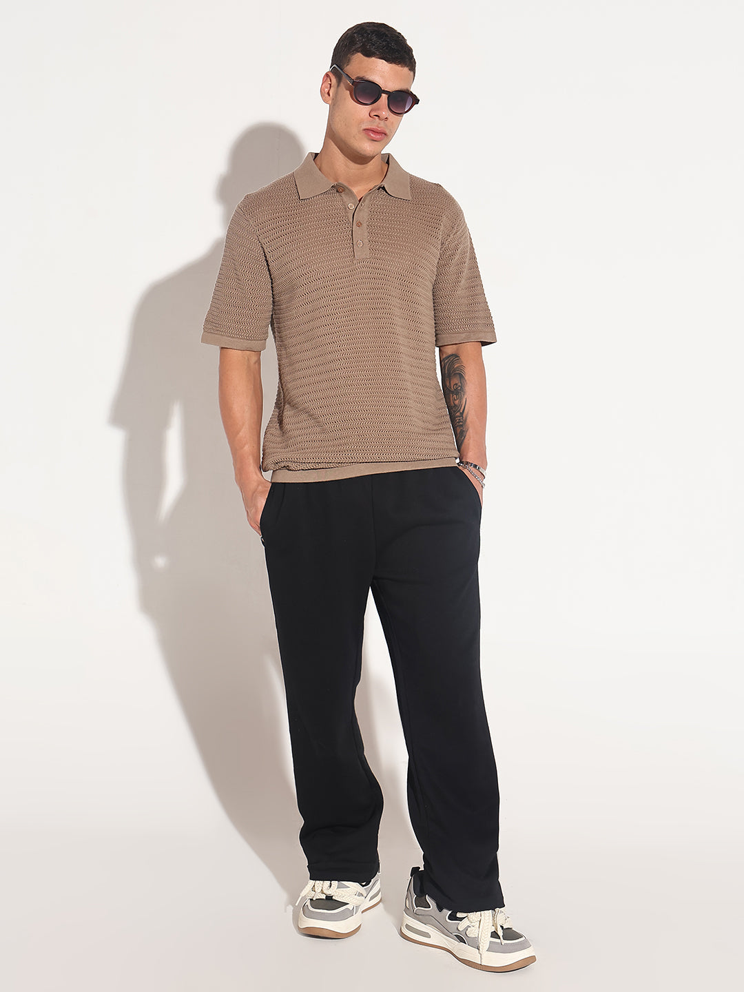 Men’s Textured Brown Short Sleeve Semi Sheer Polo T-Shirt