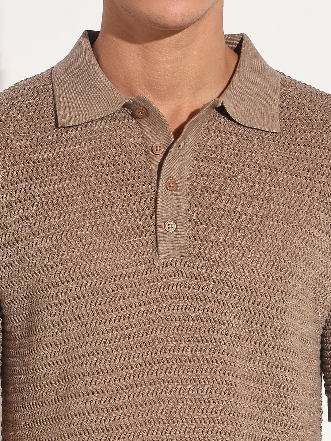 Men’s Textured Brown Short Sleeve Semi Sheer Polo T-Shirt
