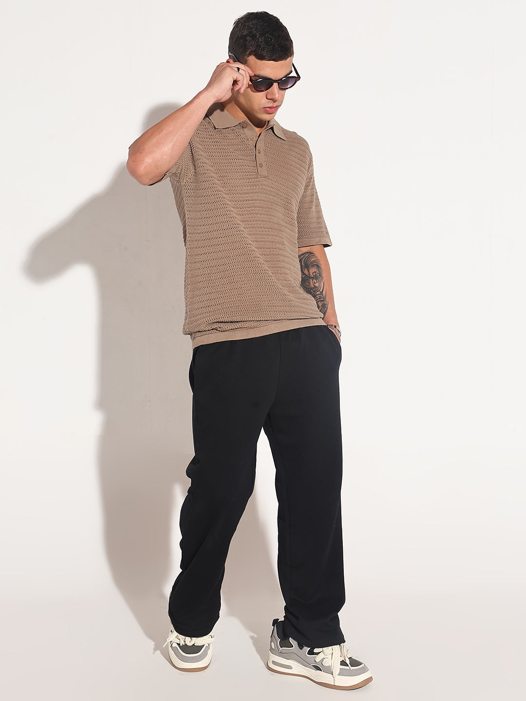 Men’s Textured Brown Short Sleeve Semi Sheer Polo T-Shirt