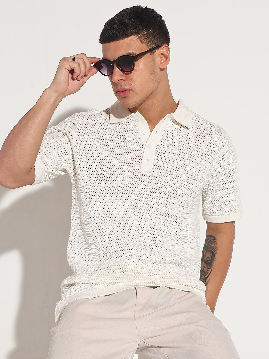 Men’s Textured White Short Sleeve Semi Sheer Polo T-Shirt