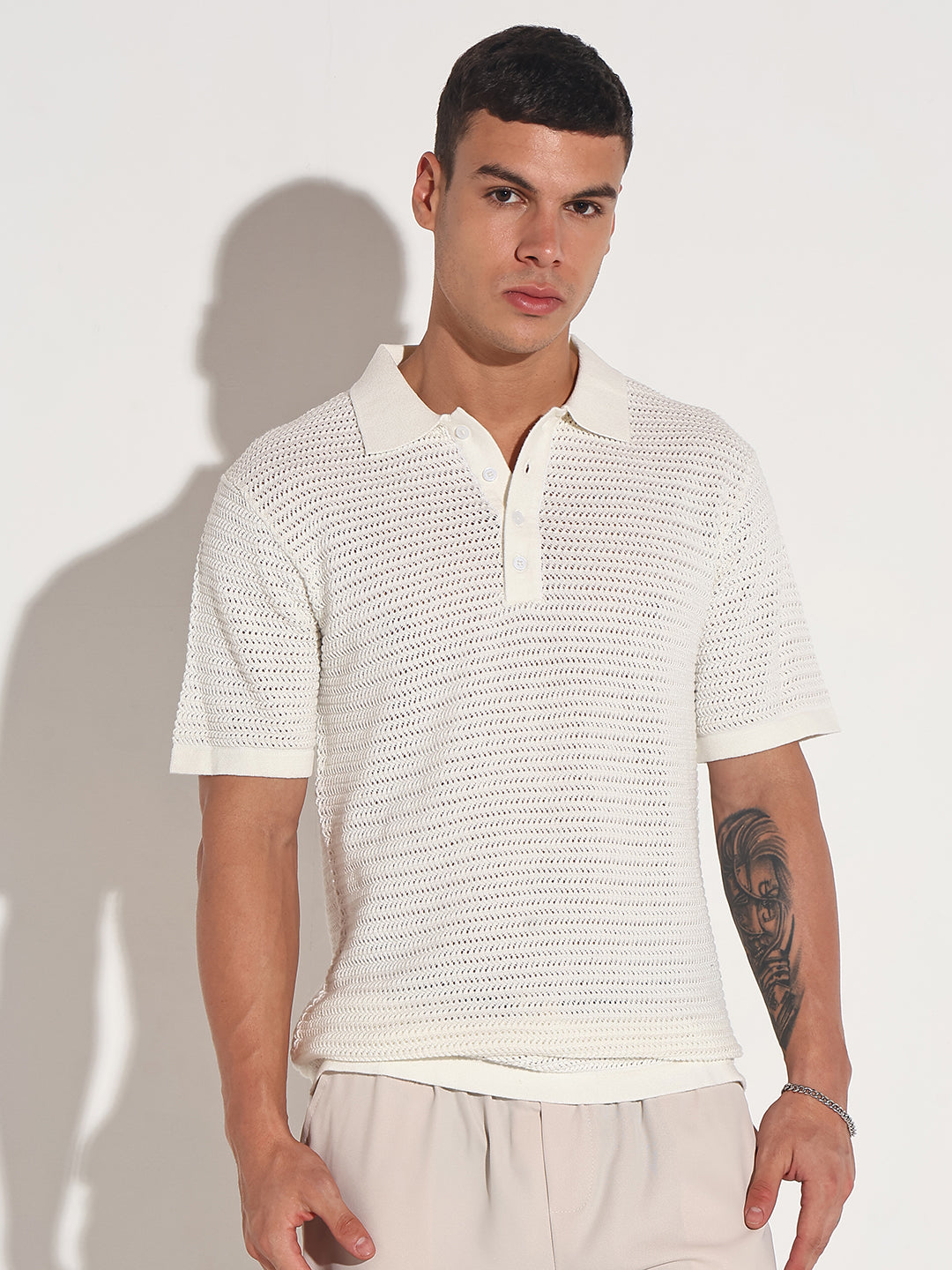 Men’s Textured White Short Sleeve Semi Sheer Polo T-Shirt