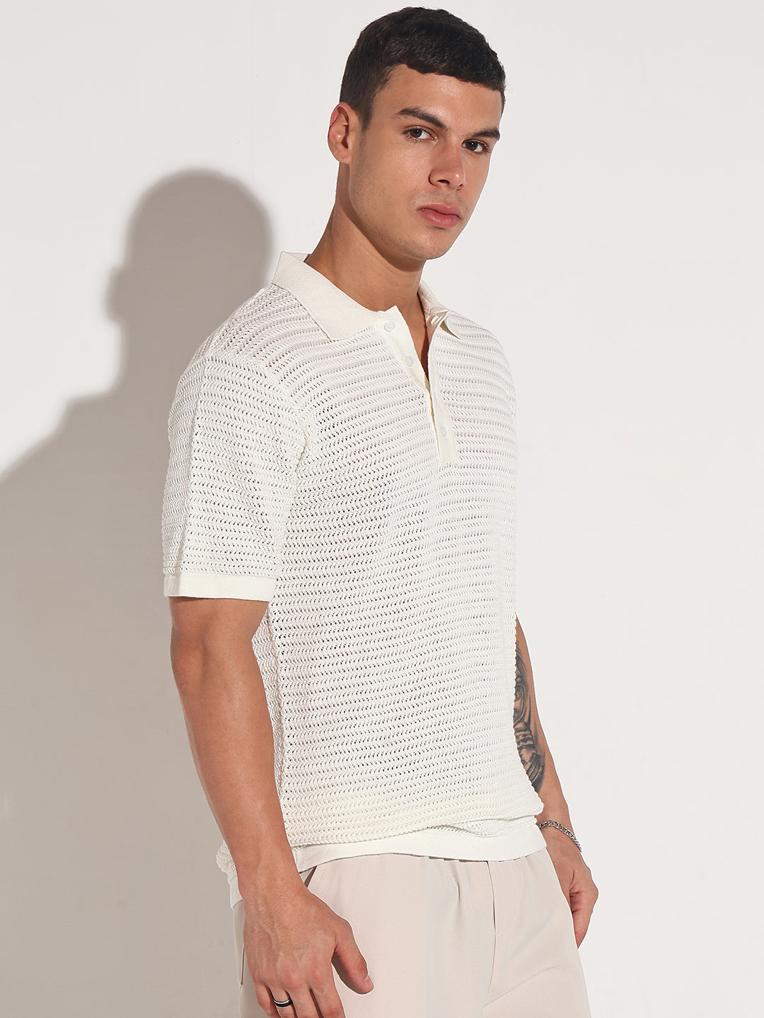 Men’s Textured White Short Sleeve Semi Sheer Polo T-Shirt