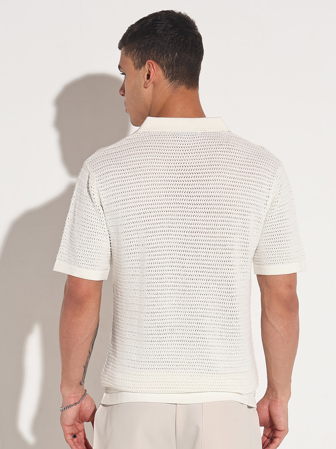 Men’s Textured White Short Sleeve Semi Sheer Polo T-Shirt